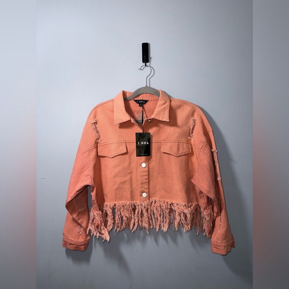 J.NNA distressed coral denim jacket with a frayed hem size Small NWT festival